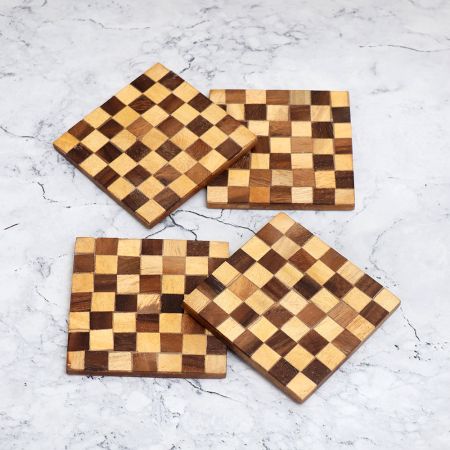 Modern Brown Check Pattern Wooden Coasters - Pack of 4